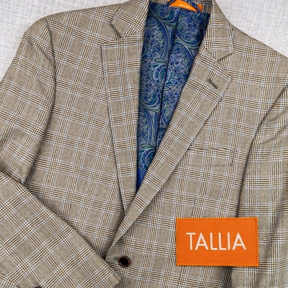 Tallia Plaid Sport Coat Blazer Silk Wool Men 36R Tan Blue Windowpane Prep Modern